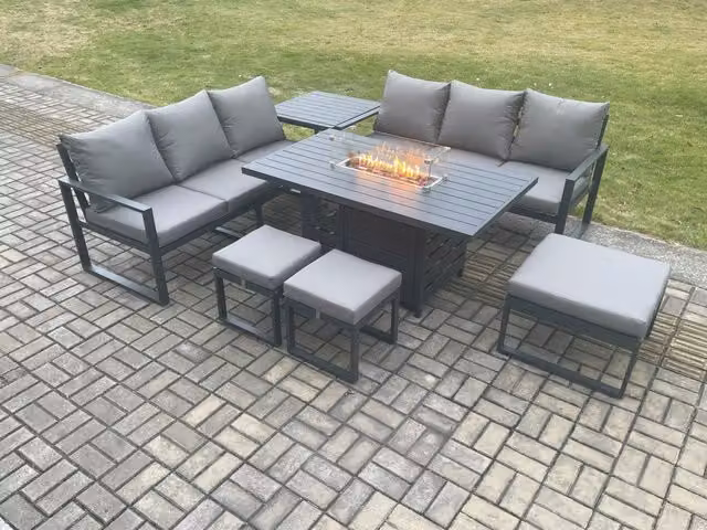 Fimous Aluminium Outdoor Lounge Sofa Garden Furniture Set with Gas Fire Pit Dining Table, 3 Footstools and Side Table in Dark Grey