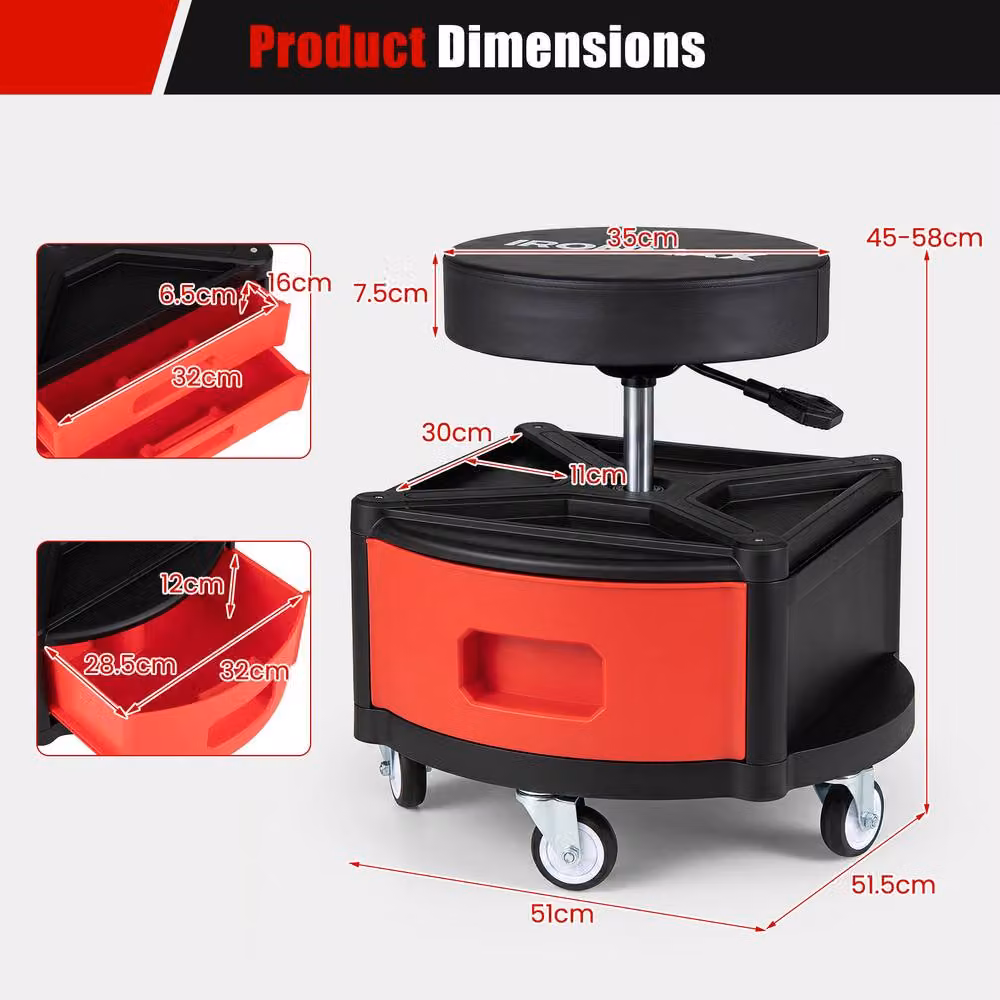 Gymax Rolling Mechanic Stool with Cushioned Seat in Red – 2