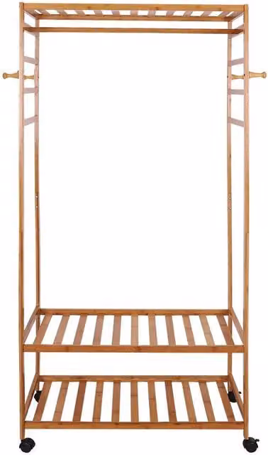 KORVIXA Portable Rolling Hanging Garment Coat Rack in Natural Wood, W/D/H: 78 x 41 x 169 cm – 1