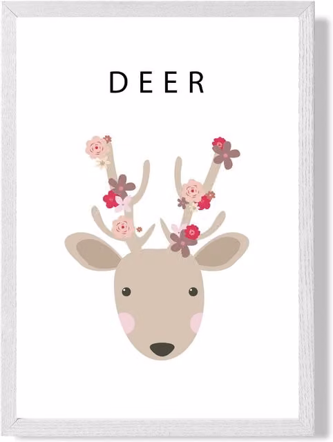 ARTZE Pink Floral Deer Framed Paper Poster with White Wood Frame – 1