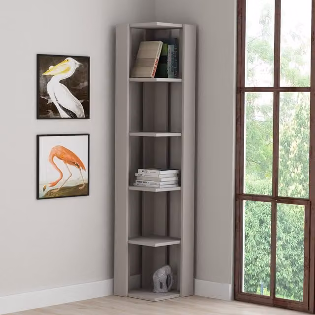 Decortie Nati Modern Corner Bookcase Display Unit in Grey and Brown, W/D/H: 34 x 34 x 161 cm