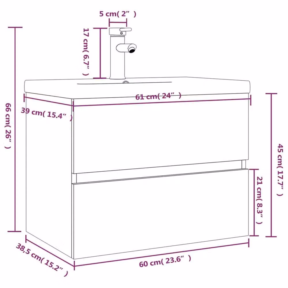 Berkfield Home Wall Mounted Bathroom Sink Cabinet with Built-in Basin in Smoked Oak Brown, W/D/H: 60.0 x 38.5 x 45.0 cm – 3
