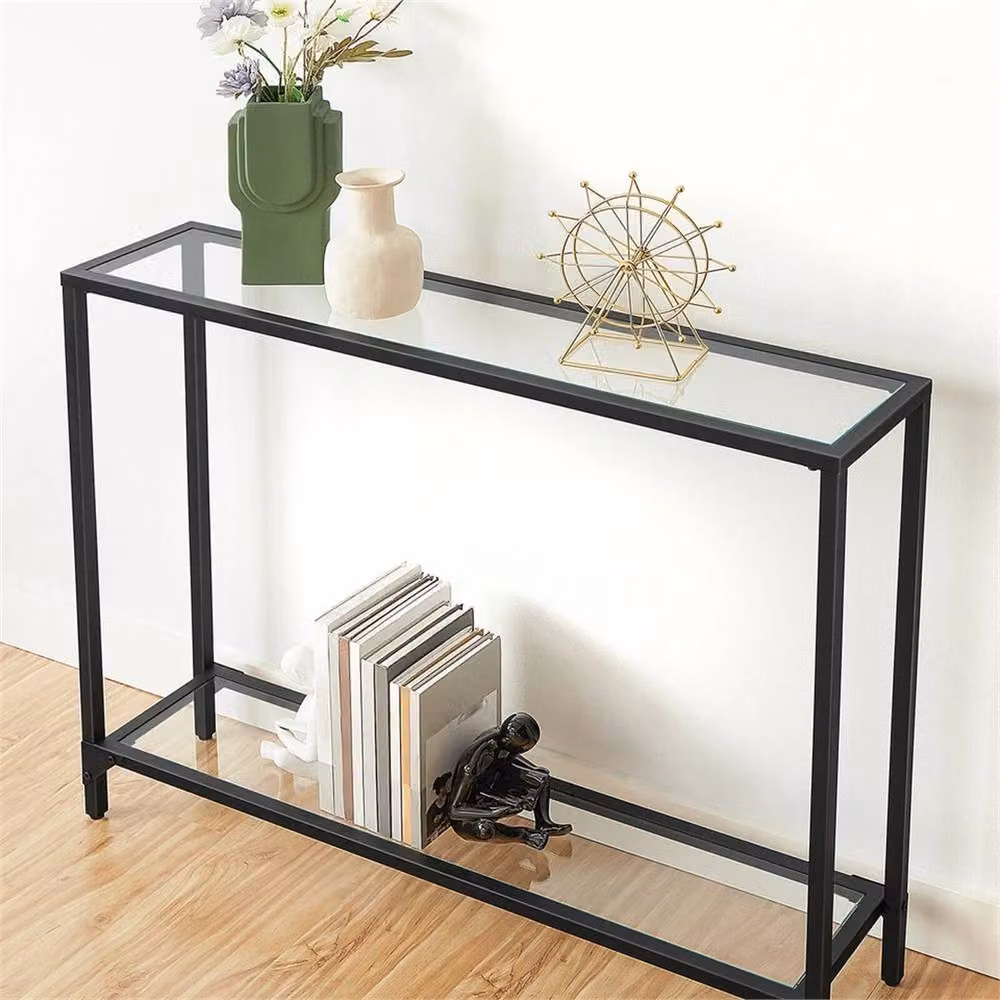 Nordara Black Tempered Glass Console Table for Hallways and Sofas, W: 100 cm, D: 15 cm, H: 15 cm – 2