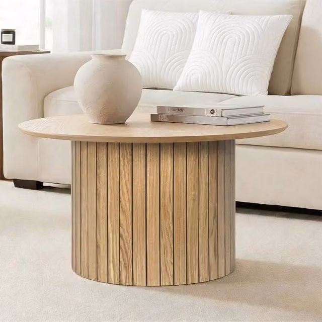 OHS Madison Ribbed Round Coffee Table in Light Oak Wood Finish