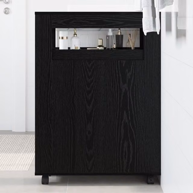 Berkfield Home Narrow Bathroom Cabinet with Wheels in Black Oak Engineered Wood – 1