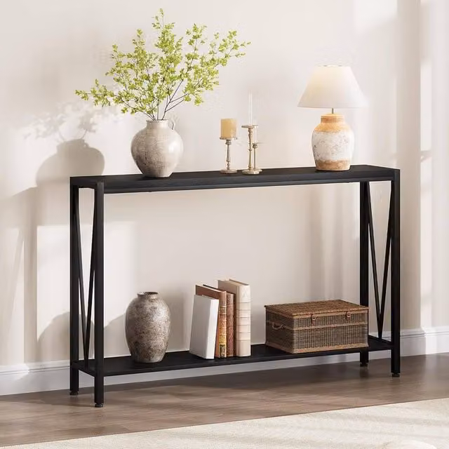 London Boutique Modern 2-Tier Narrow Console Table with Shelf in Black – 1