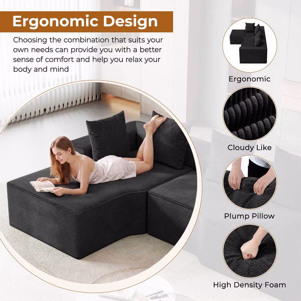 Dprodo Black Corduroy Left-Facing L-Shaped Modular Sofa with Scatter Cushions, Width: 320 cm – 7