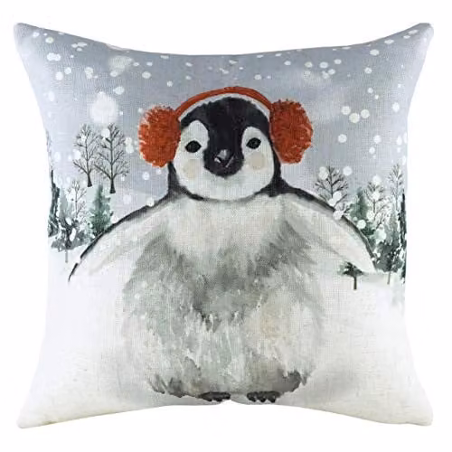 Evans Lichfield Snowy Penguin Hand-Painted Watercolour Printed Cushion, Multicolour, W/D/H: 43 x 43 x 43 cm