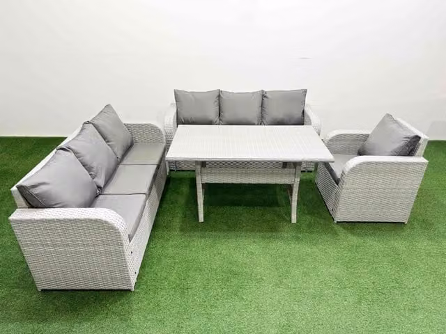 Fimous 7 Seater Poly Rattan Outdoor Garden Furniture Set with Rectangular Dining Table, 3 Seater Sofa and 3 Reclining Chairs in Light Grey