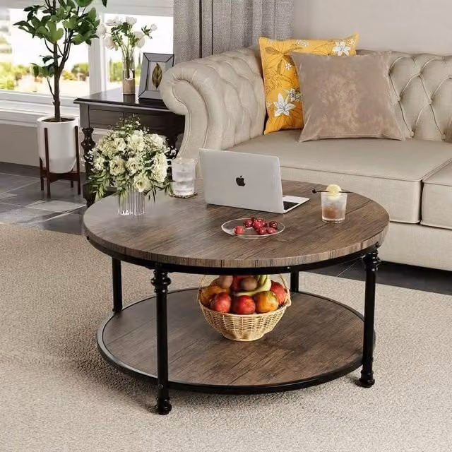 London Boutique 2-Tier Round Wooden Coffee Table in Brown, Diameter: 87 cm – 1
