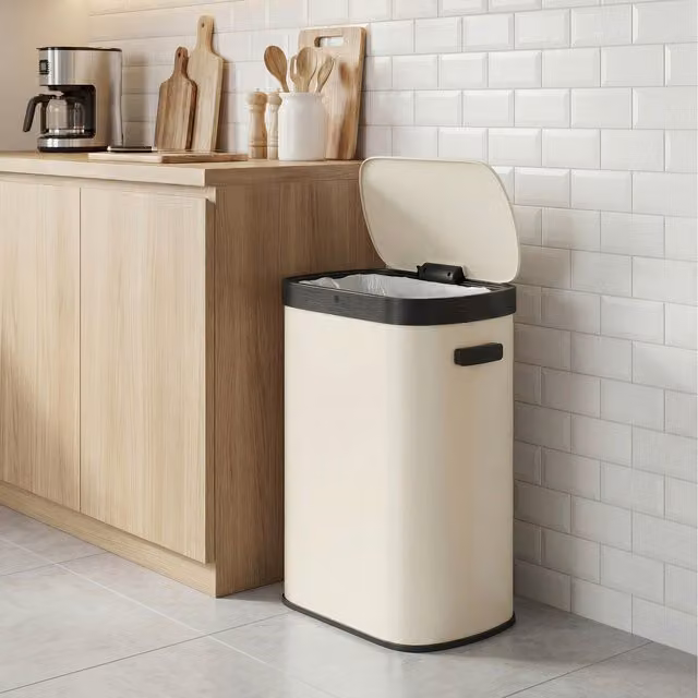 SONGMICS Automatic Sensor Trash Can, 50 L Kitchen Bin, Beige/White