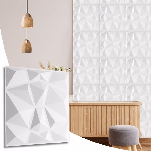 NOVECRAFTO Diamond Design 3D PVC Wall Panels, Matte White, W/D/H: 50 x 50 x 0.25 cm (Pack of 12)