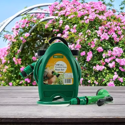 Gr8 Green Compact Portable Garden Hose Reel and Spray Gun Set with 10m Hose and Multi-Pattern Nozzle – 6