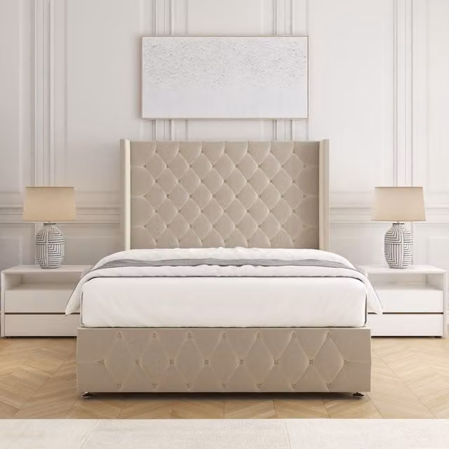 BSSPOKE Ruby Divan Bed Set with 54 inch Headboard and Mattress in Beige Plush Velvet, W/D/H: 180 x 200 cm