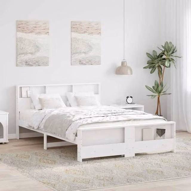 Berkfield Home White Solid Pine Wood Bed Frame with Headboard W/D/H: 160 x 200 cm