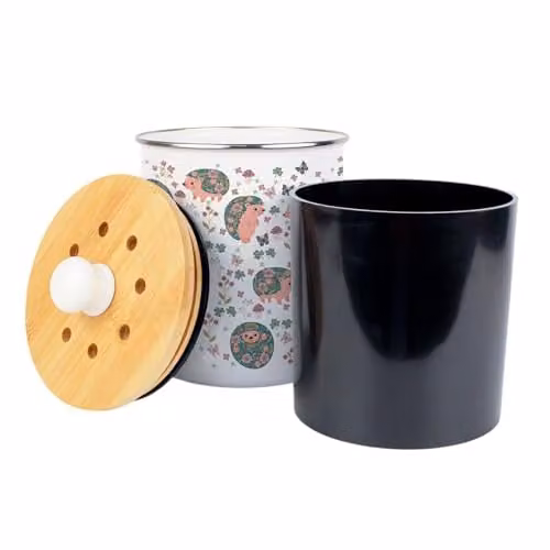 Purely Home Hedgehog & Flowers Food Waste Caddy, Metal Kitchen Compost Bin with Removable Inner Bucket and Odour Filter, 2L, Purple and White – 2