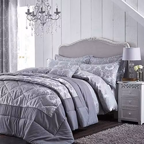 Catherine Lansfield Damask Jacquard Duvet Cover and Pillowcase Set in Silver Grey, W/D/H: 180 x 200 cm, Pillowcase: 50 x 75 cm