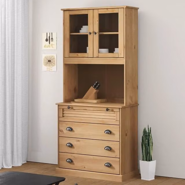 Berkfield Home VIGO Highboard in Brown Solid Pine with Glass Doors, W/D/H: 80 x 40 x 176 cm