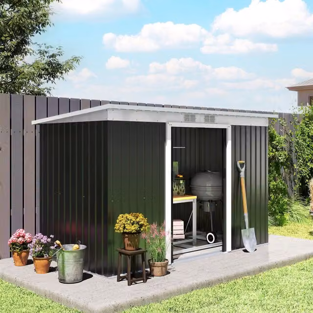 OUTSUNNY Dark Grey Metal Garden Storage Shed with Sliding Doors and Window – 1