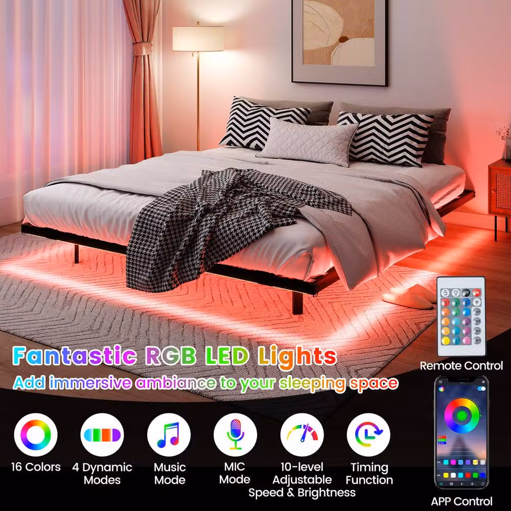 Costway King Size Modern Metal Floating Bed Frame with LED Under-Bed Lighting in Black, 180 x 200 cm – 9