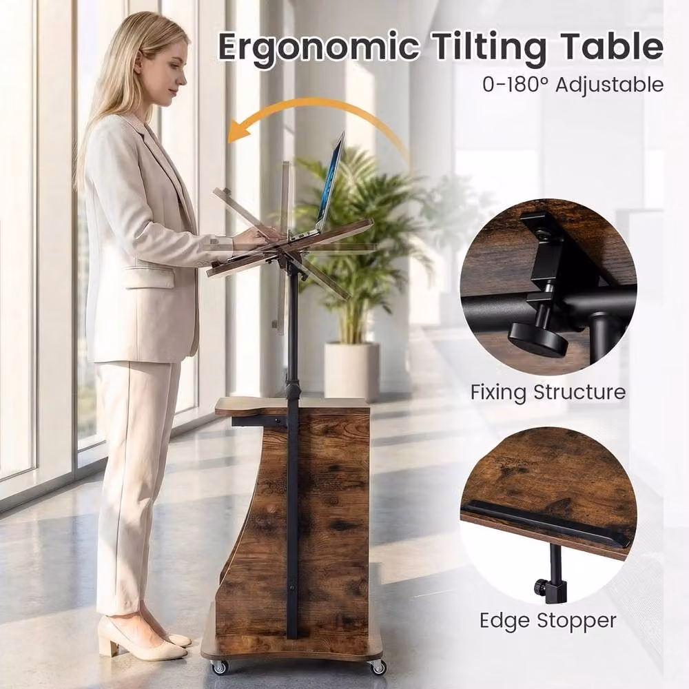 Havendro Height Adjustable Rolling Podium Stand with Tilt in Brown – 5