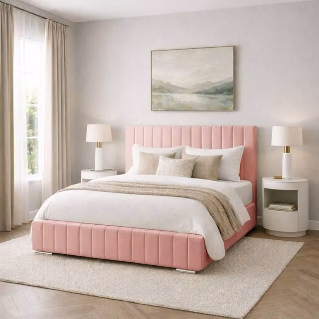 Desire Deco Pink Plush Velvet Upholstered Bed Frame, W/D/H: 140 x 200 cm