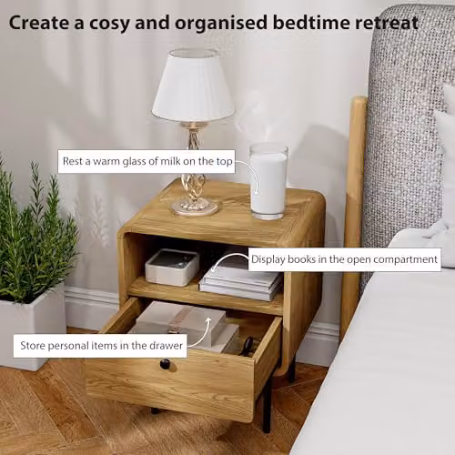 HOMCOM Modern Bedside Table with Storage Drawer and Shelf in Oak – 3