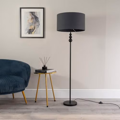 ValueLights Black Stacked Ball Floor Lamp with Grey Fabric Drum Shade – 2