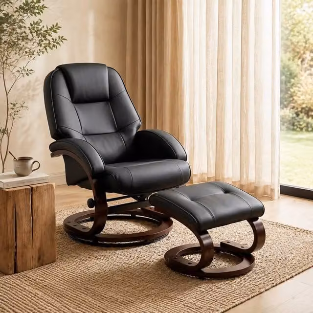 STILVORA Black Faux Leather Recliner Armchair with Footstool and 360 Degree Swivel Function