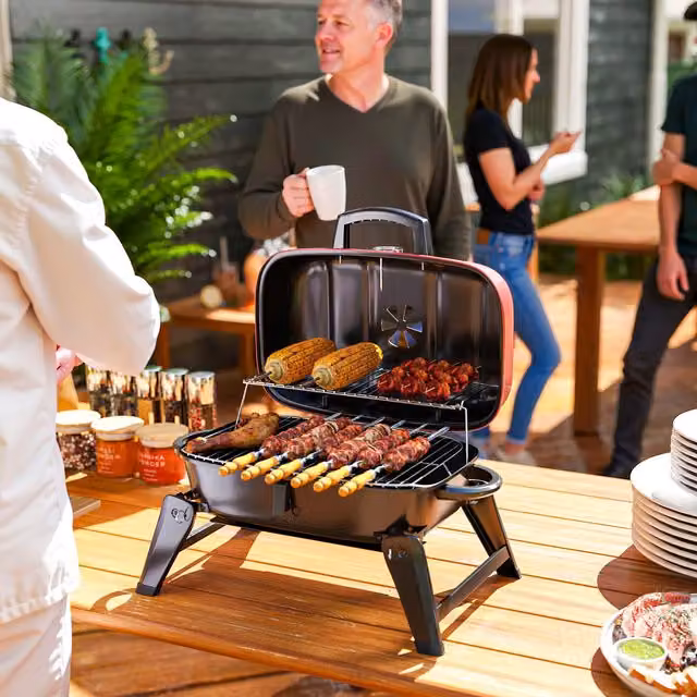 Outsunny Red Folding Charcoal Tabletop Barbecue Grill with Thermometer