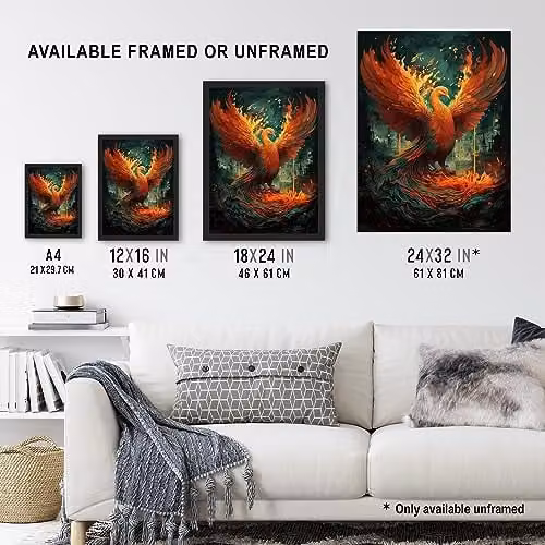Artery8 Majestic Phoenix Mythical Creature Wall Art Print, Blue, Orange and Red Multicolour Paper Poster – 3