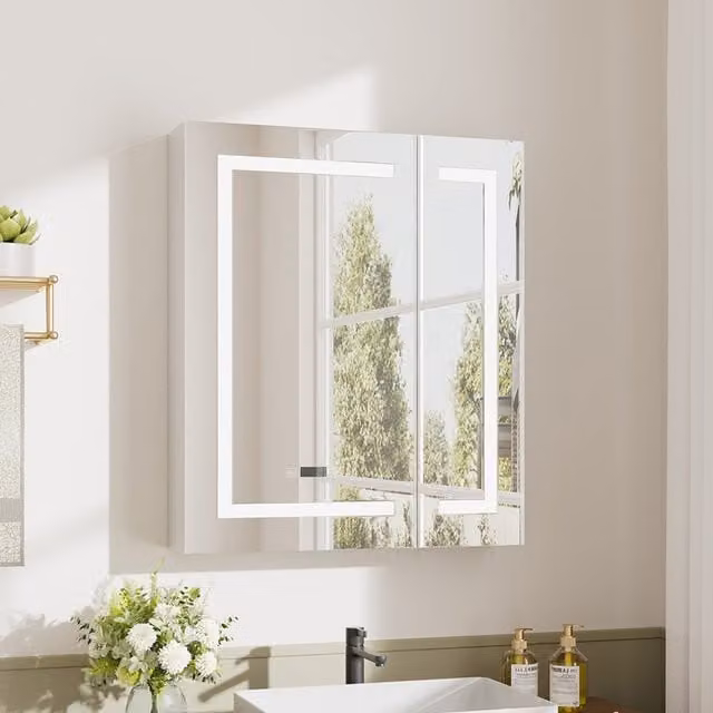 Livingandhome Modern Silver Bathroom 2-Door LED Mirror Cabinet with Shaver Socket and Anti-Fog Feature