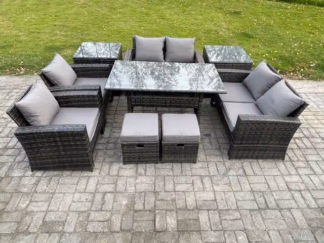 Fimous 9 Piece Rattan Garden Furniture Set in Dark Grey with 2 Footstools and 2 Side Tables