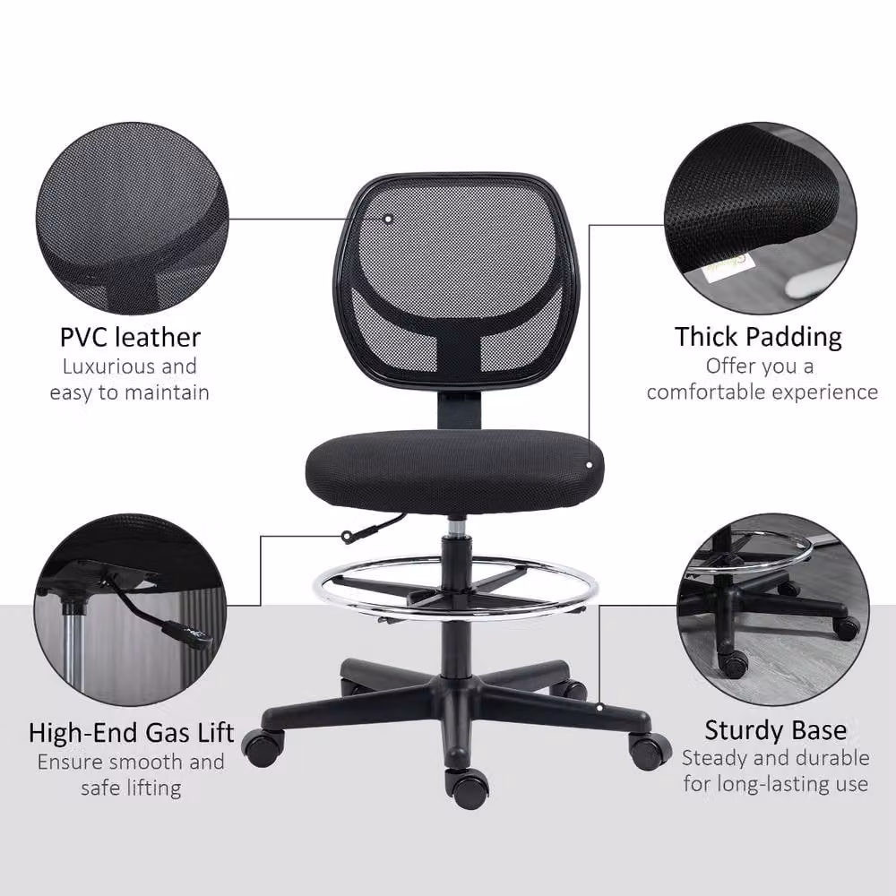 Vinseto Black Ergonomic Mesh Drafting Office Chair with Foot Ring and 360 Degree Swivel – 4