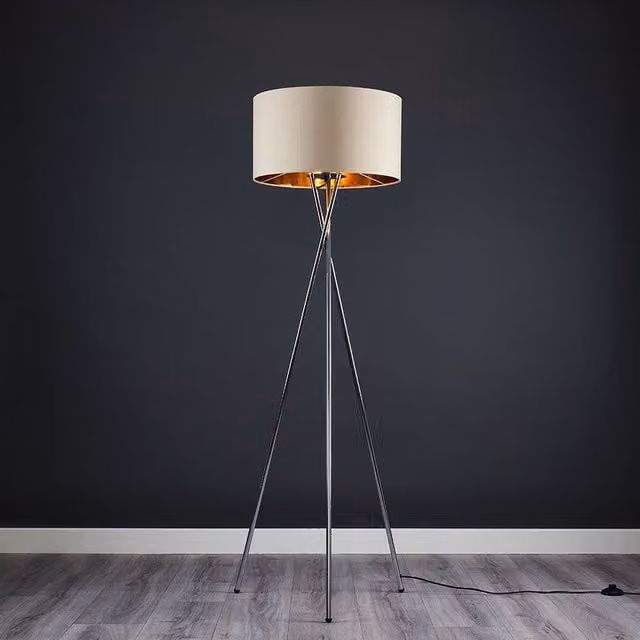 ValueLights Camden Modern Chrome Metal Tripod Floor Lamp with Beige and Gold Fabric Shade, H 154 cm x W 57 cm x D 57 cm – 1