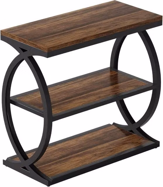 VOGREX Industrial 3-Tier Narrow Wooden Side Table and Nightstand in Brown and Black – 1