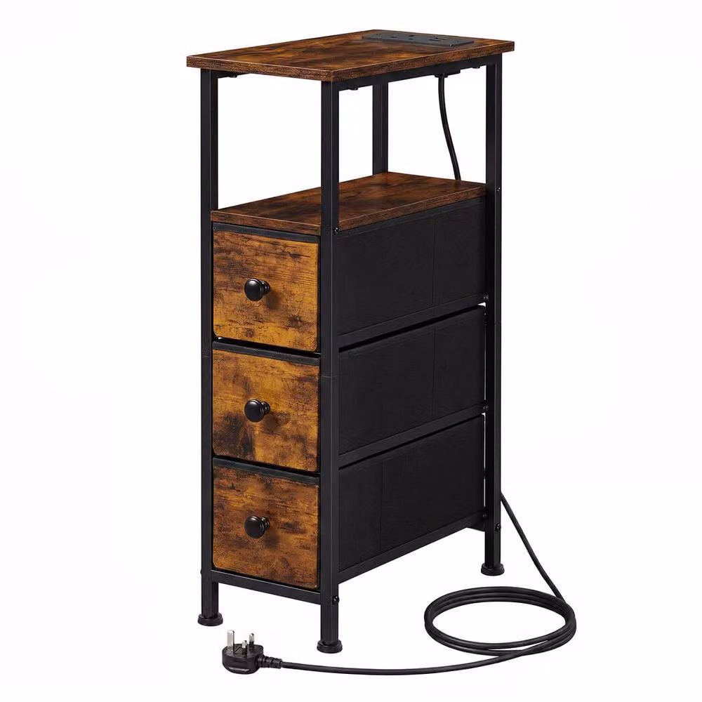 Levede Modern Brown Wood Bedside Table with Integrated LED Lighting and 3 Fabric Drawers – 2