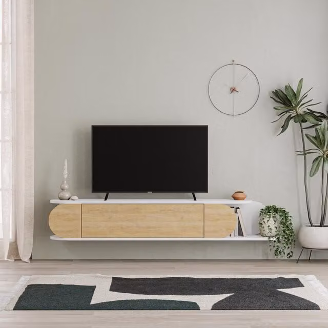 FWStyle Large Wall Mounted 1 Door TV Unit in Painted White and Natural Oak
