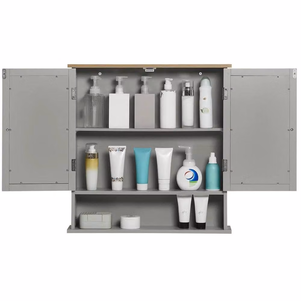 FORGEVIO Grey Wall Mounted 2 Door Mirrored Bathroom Storage Cabinet with Internal Shelves – 1
