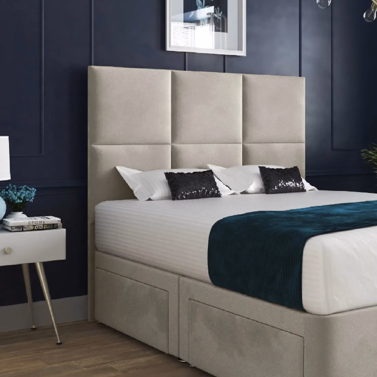 KDMD Caprio Upholstered Floorstanding Headboard and Divan Bed Frame with Drawers, Beige, W/D/H: 200 x 200 cm – 2
