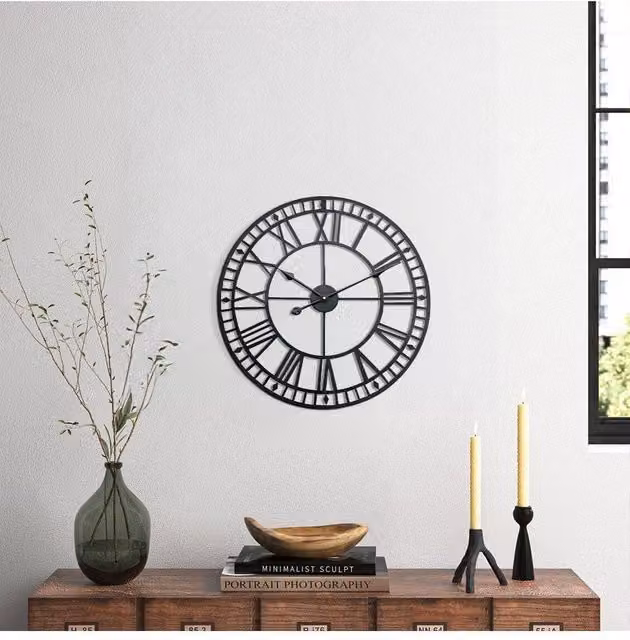 H&O Direct Black Metal Industrial Round Roman Numeral Skeleton Wall Clock, Diameter: 40 cm – 1