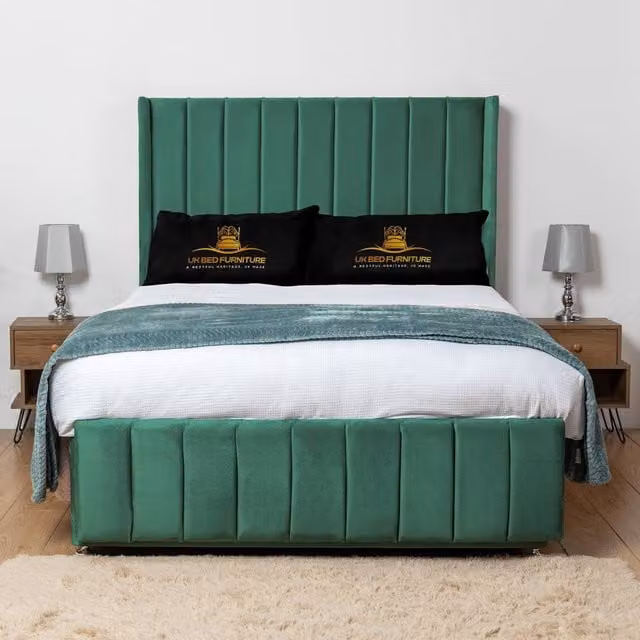 UK Bed Furniture Arizona Green Velvet Wingback Divan Bed Base with 54 Inch Headboard, Small Double, W/D/H: 120 x 200 x 135 cm