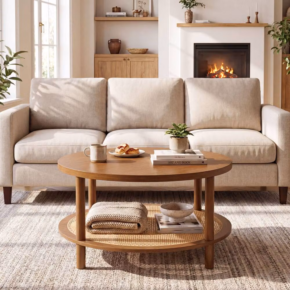Costway 2-Tier Round Rattan Coffee Table with Rubberwood Top in Brown – 5