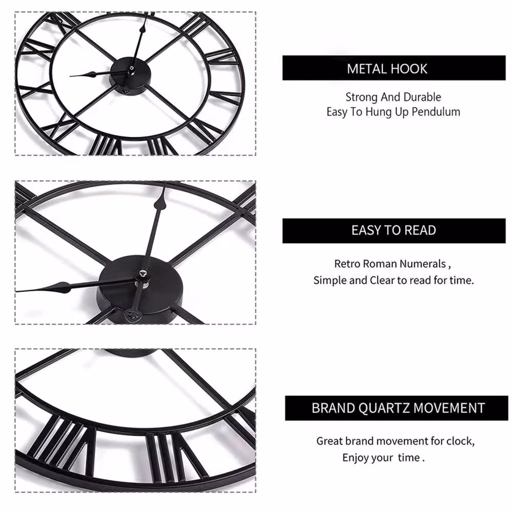 Nordara Black Metal Retro Round Analog Wall Clock with Roman Numerals, W: 60 cm x H: 60 cm – 4