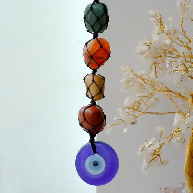 KDMK Multicolour Hanging Chakra Evil Eye Stone Pendant with Geometric Boho Design