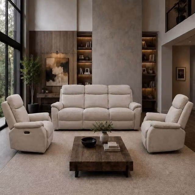 Aspire Richmond Power Recliner Sofa Set in Beige Chenille Fabric, featuring a 3-Seater Sofa and Two Armchairs with USB Charging and Scatter Cushions