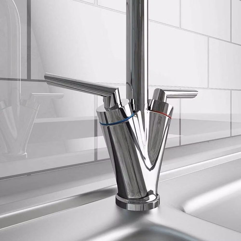 NESTLUNE Modern Twin Lever Kitchen Sink Mixer Tap in Silver with Swivel Spout, Chrome Finish, H 34.5 cm x W 100 cm x D 52 cm – 3