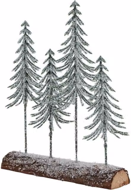 KDMD Small Snowy Spindle Tree Quad in Green and White Wood and Ceramic Tabletop Winter Decor Accent