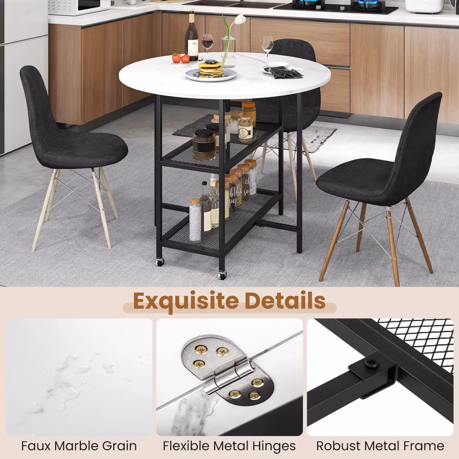 Gymax Modern Round Kitchen Dining Table with Drop Leaf Tabletop in White, Diameter: 100 cm – 4