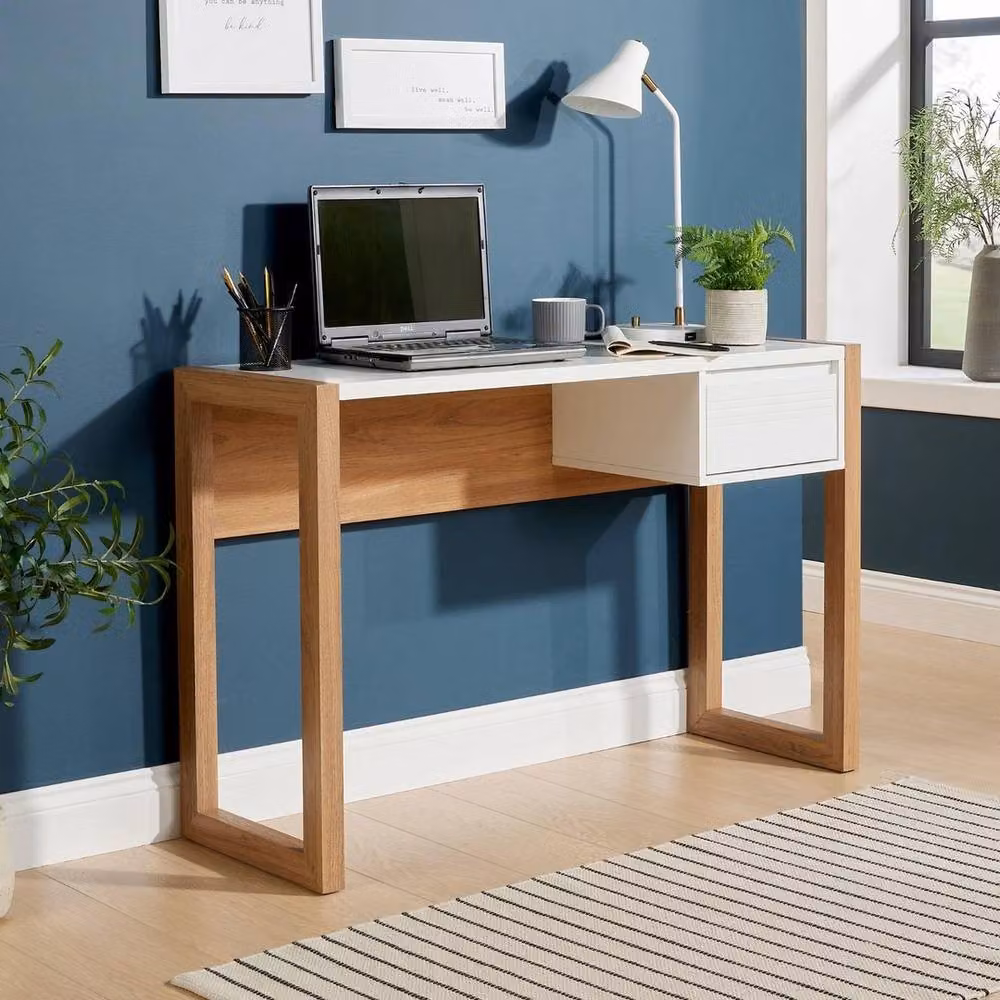 FORGEVIO Modern Oak Writing Desk with Storage Drawer in Brown and White – 2